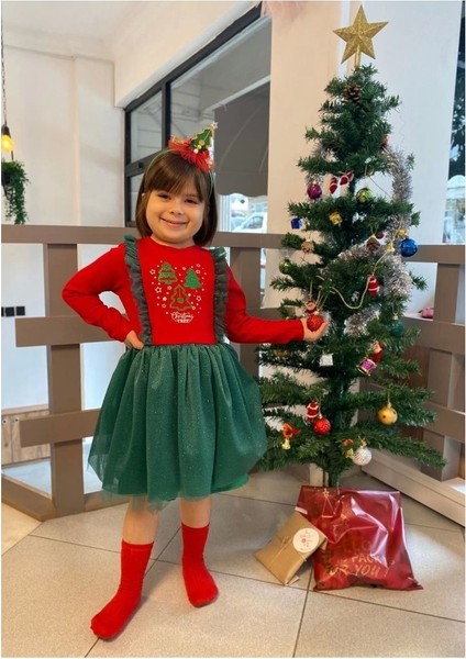 Kırmızı Renk Yılbaşı Ağacı Desenli Fırfır Detaylı Noel Elbisesi