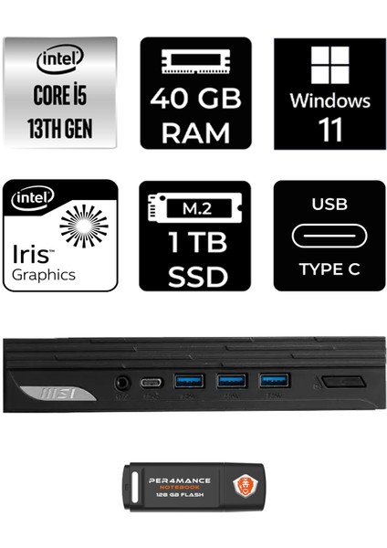 Msı Pro DP10 Intel Core I5 1340P 40GB 1tb SSD W11H Mini Pc & Per4 USB Bellek 13M002EUP338
