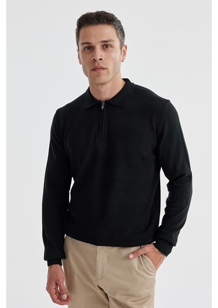 Siyah Slim Fit Pamuklu Desenli Fermuarlı Polo Yaka Triko Kazak