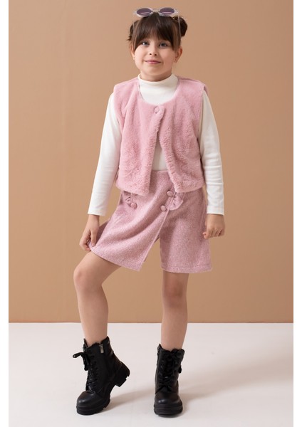 Pembe Peluş Yelekli Badili Kız Çocuk Şort Etekli Takım 19557