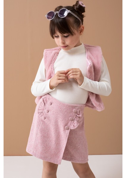 Pembe Peluş Yelekli Badili Kız Çocuk Şort Etekli Takım 19557