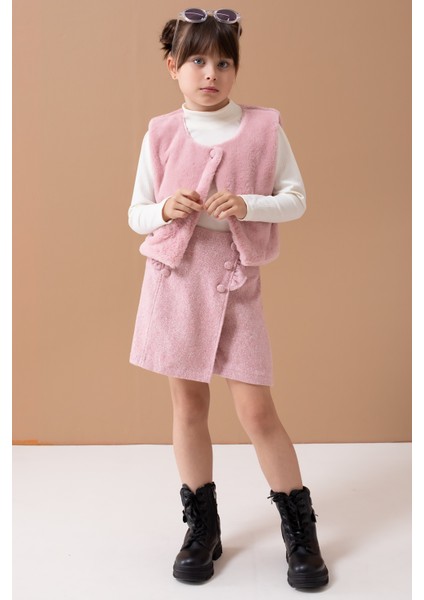 Pembe Peluş Yelekli Badili Kız Çocuk Şort Etekli Takım 19557