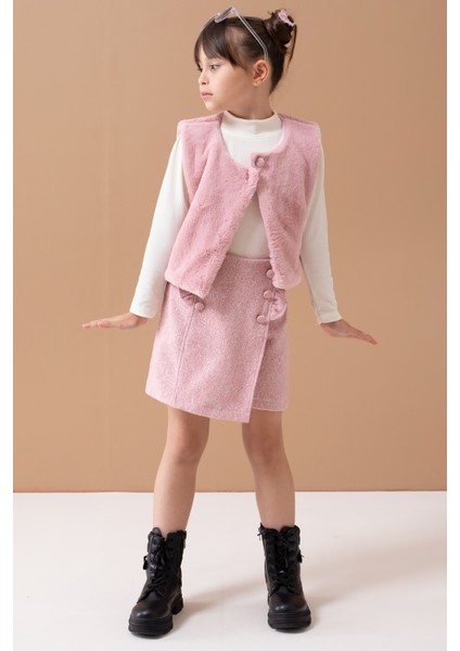 Pembe Peluş Yelekli Badili Kız Çocuk Şort Etekli Takım 19557