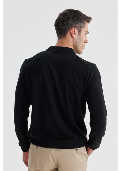 Siyah Slim Fit Pamuklu Desenli Fermuarlı Polo Yaka Triko Kazak