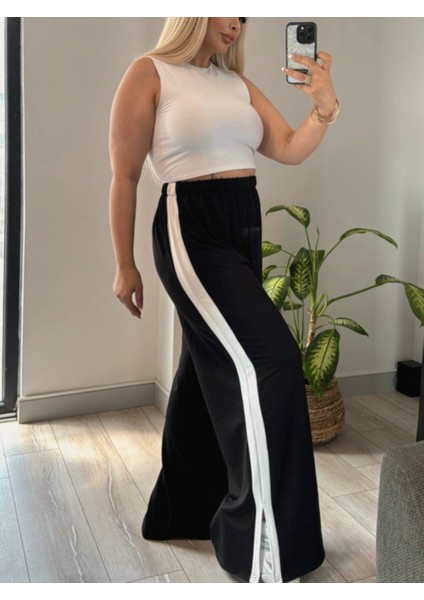 Kadın Büyük Beden Yanları Şeritli Yırtmaçlı Esnek Kristal Pantolon