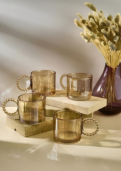 4lü Cam Kupa Seti - Boncuklu Kulp Çay Bardağı Takımı - 200 ml - Çizgi Desen