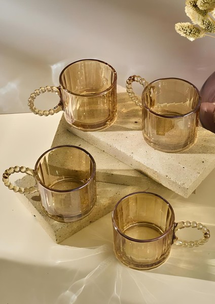 4lü Cam Kupa Seti - Boncuklu Kulp Çay Bardağı Takımı - 200 ml - Çizgi Desen