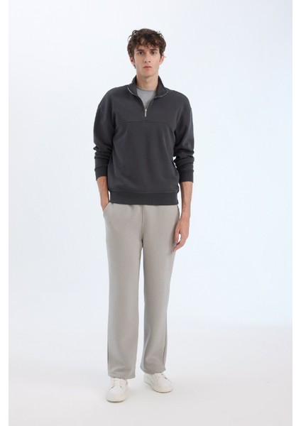 Relax Fit Dik Yaka Fermuarlı Basic Düz Kalın Sweatshirt E5334AX24WN