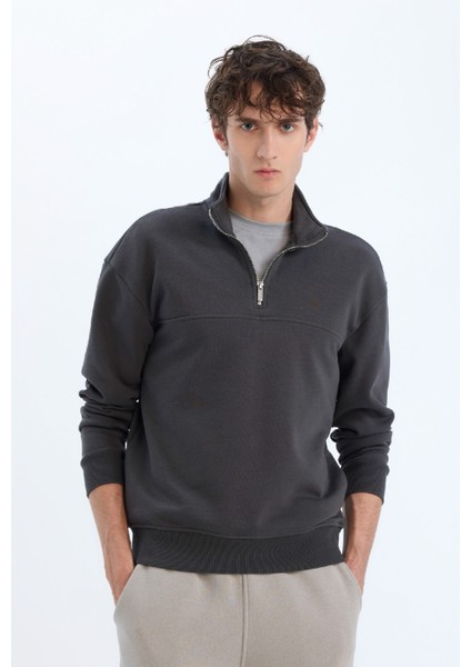 Relax Fit Dik Yaka Fermuarlı Basic Düz Kalın Sweatshirt E5334AX24WN