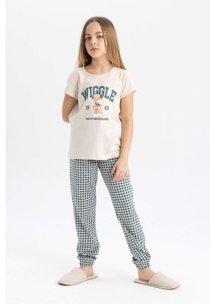 Kız Çocuk Pijama Takımı Bisiklet Yaka Baskılı Kısa Kollu Üst Uzun Alt C1944A824SP