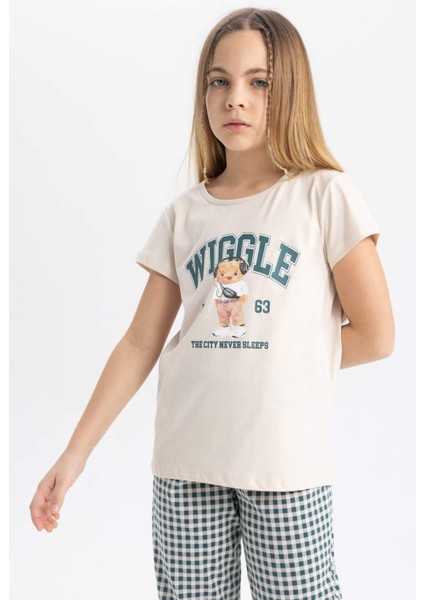 Kız Çocuk Pijama Takımı Bisiklet Yaka Baskılı Kısa Kollu Üst Uzun Alt C1944A824SP