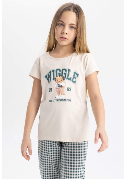 Kız Çocuk Pijama Takımı Bisiklet Yaka Baskılı Kısa Kollu Üst Uzun Alt C1944A824SP