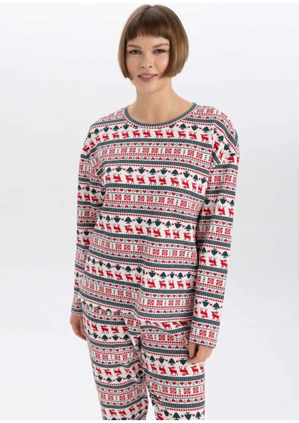 Yılbaşı Temalı Bisiklet Yaka Uzun Kollu Pijama Üstü-Fall in Love A3375AX23WN