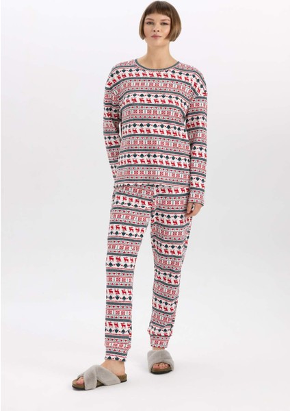 Yılbaşı Temalı Bisiklet Yaka Uzun Kollu Pijama Üstü-Fall in Love A3375AX23WN fiyatları