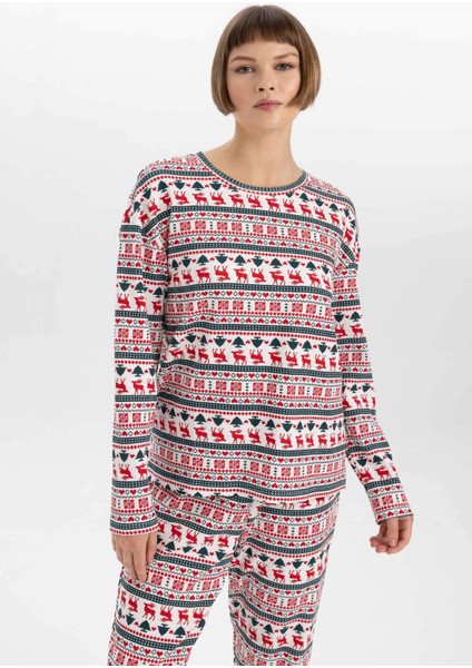 Yılbaşı Temalı Bisiklet Yaka Uzun Kollu Pijama Üstü-Fall in Love A3375AX23WN modelleri