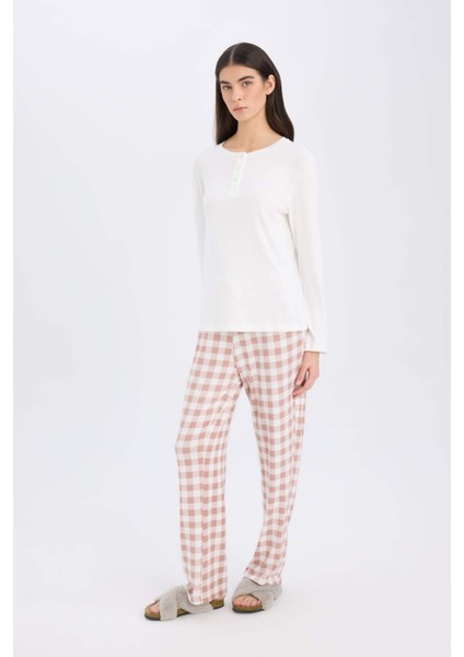 Fall in Love Pijama Takımı Uzun Kollu Üst Kareli Esnek Belli Uzun Alt D2266AX24WN