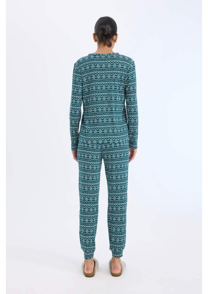 Pijama Takımı Waffle Kumaş Uzun Kollu Üst Beli Lastikli Uzun Alt-Fall in Love D2284AX24WN