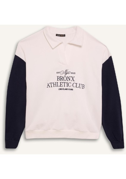 Oversize Geniş Kalıp Polo Yaka Baskılı Kalın Sweatshirt E1852AX24WN