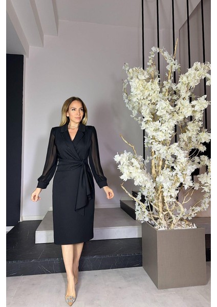 G1210 Şifon Kol Taş Detaylı Tasarım Elbise Siyah