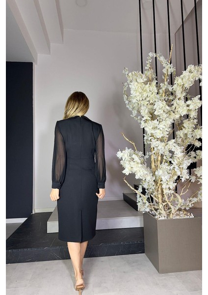 G1210 Şifon Kol Taş Detaylı Tasarım Elbise Siyah modelleri