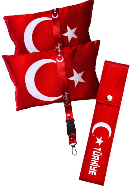 Türk Bayrak'lı Dijital Baskılı Araç Oto Seyahat Boyun Yastığı & Oto Ayna Askısı & Tampon Çeki Ipi