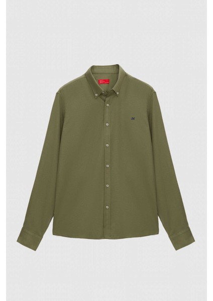 Slim Fit Haki Oxford Düğmeli Yaka Kolay Ütülenebilir Nakış Detaylı Pamuklu Gömlek 4HC02ORT03265 indirimleri