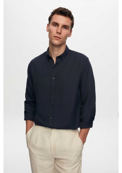 Slim Fit Lacivert Oxford Düğmeli Yaka Kolay Ütülenebilir Nakış Detaylı Pamuklu Gömlek 4HC02ORT03265 fiyatları