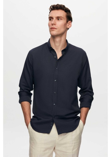 Slim Fit Lacivert Oxford Düğmeli Yaka Kolay Ütülenebilir Nakış Detaylı Pamuklu Gömlek 4HC02ORT03265 modelleri