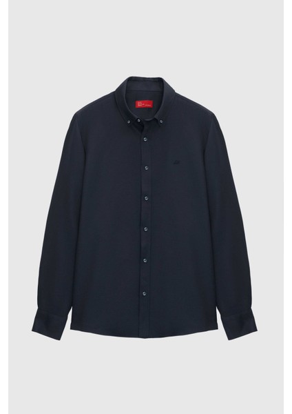 Slim Fit Lacivert Oxford Düğmeli Yaka Kolay Ütülenebilir Nakış Detaylı Pamuklu Gömlek 4HC02ORT03265 indirimleri