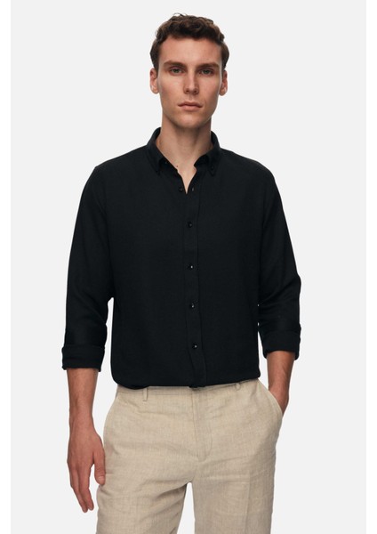 Ds Damat Slim Fit Siyah Oxford Düğmeli Yaka Kolay Ütülenebilir Nakış Detaylı Pamuklu Gömlek
