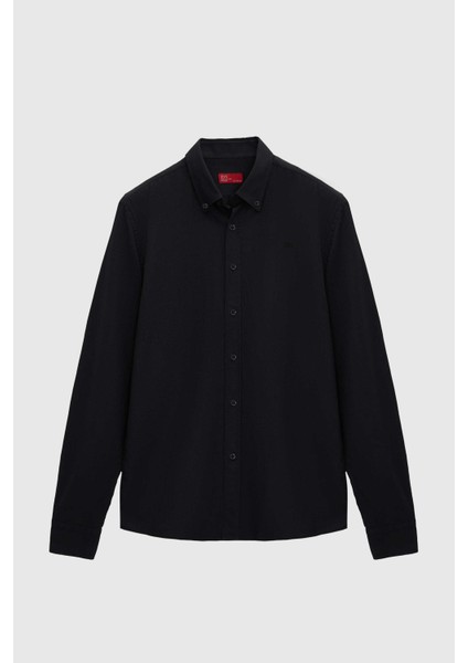 Ds Damat Slim Fit Siyah Oxford Düğmeli Yaka Kolay Ütülenebilir Nakış Detaylı Pamuklu Gömlek indirimleri