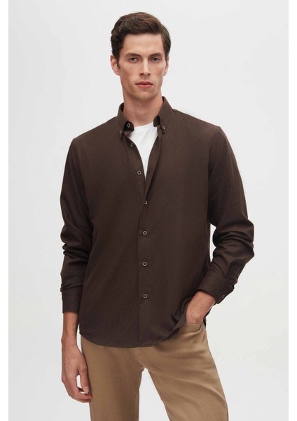 Ds Damat Regular Fit Koyu Kahve Düz Kışlık Flanel Gömlek
