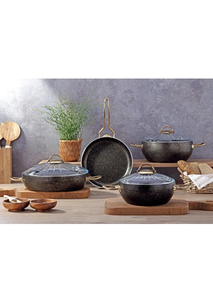 Granit 8 Pcs Güveç Tencere Set Siyah&gold (24-26 cm Tencere & 28 cm Pilavlık & 26 cm Tava)