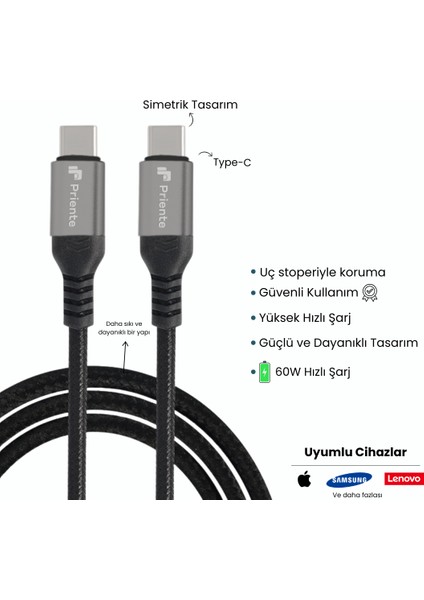 PD60CC 60W Örgülü Type-C To Type-C Hızlı Data/şarj Kablosu 1.5 Metre (Priente Türkiye Garantili)