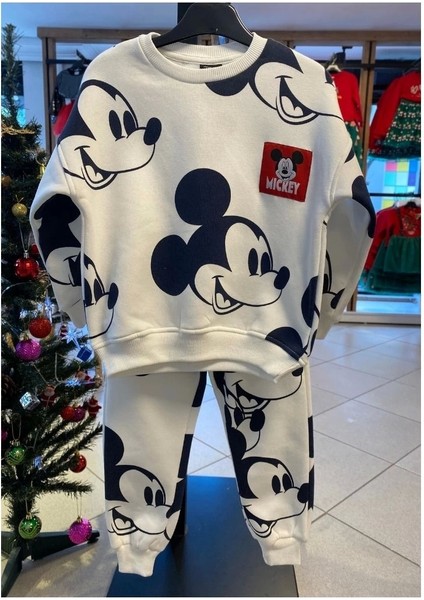 Krem Renk Mickey Mouse Desenli Şardonlu Unisex Eşofman Takımı