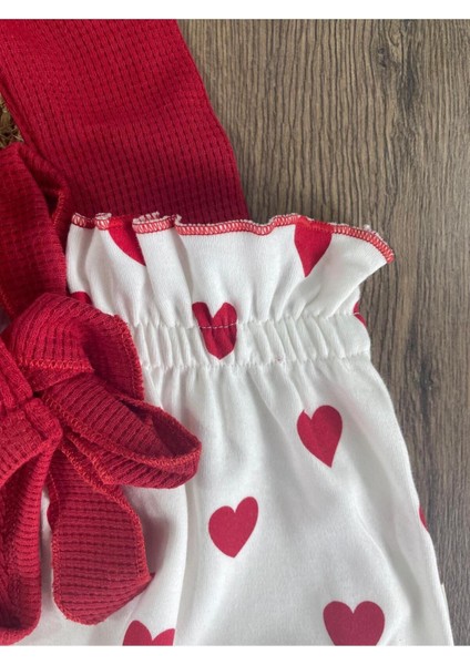 Kalp Baskılı Bandanalı Alttan Çıtçıtlı Kız Bebek Takım