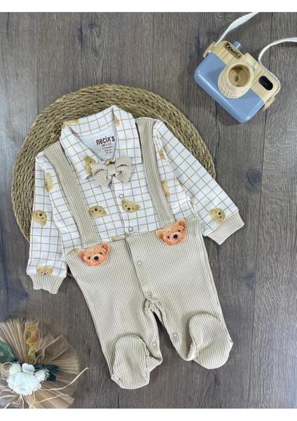 Kaşkorse Esnek Papyonlu Ayıcık Figürlü Patikli Çıtçıtlı Erkek Bebek Tulum