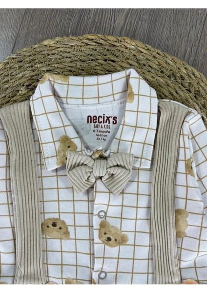 Kaşkorse Esnek Papyonlu Ayıcık Figürlü Patikli Çıtçıtlı Erkek Bebek Tulum fiyatları