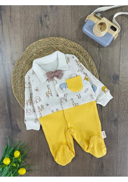 Kaşkorse Esnek Papyonlu Animal Figürlü Patikli Çıtçıtlı Erkek Bebek Tulum