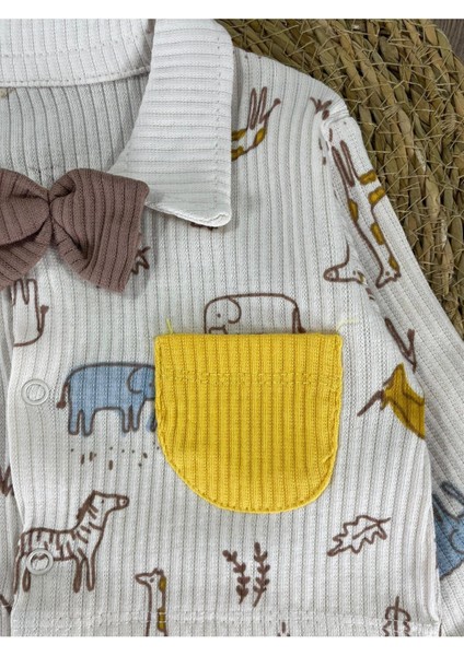 Kaşkorse Esnek Papyonlu Animal Figürlü Patikli Çıtçıtlı Erkek Bebek Tulum
