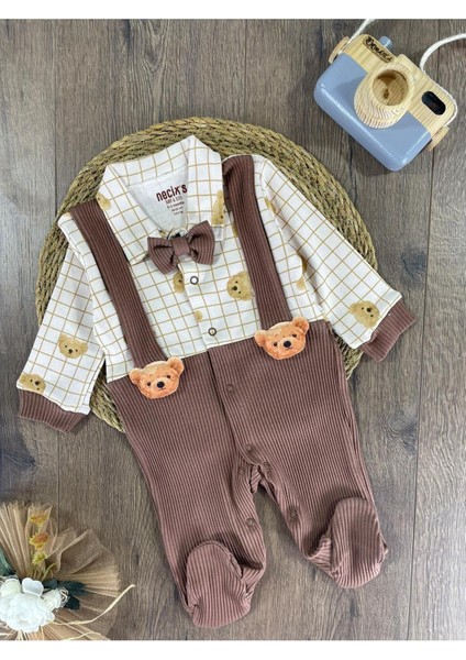 Kaşkorse Esnek Papyonlu Ayıcık Figürlü Patikli Çıtçıtlı Erkek Bebek Tulum