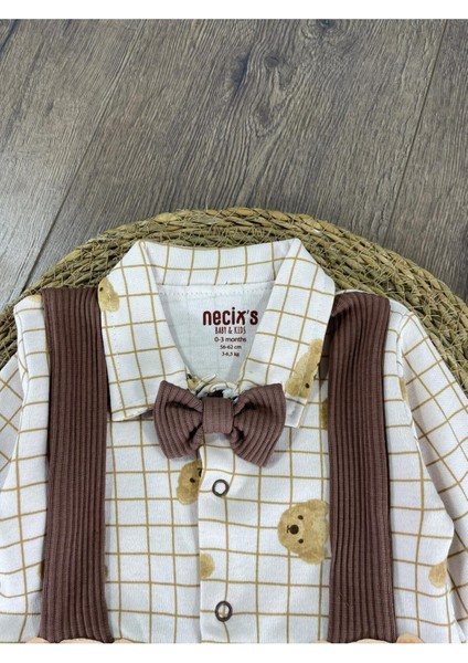 Kaşkorse Esnek Papyonlu Ayıcık Figürlü Patikli Çıtçıtlı Erkek Bebek Tulum fiyatları