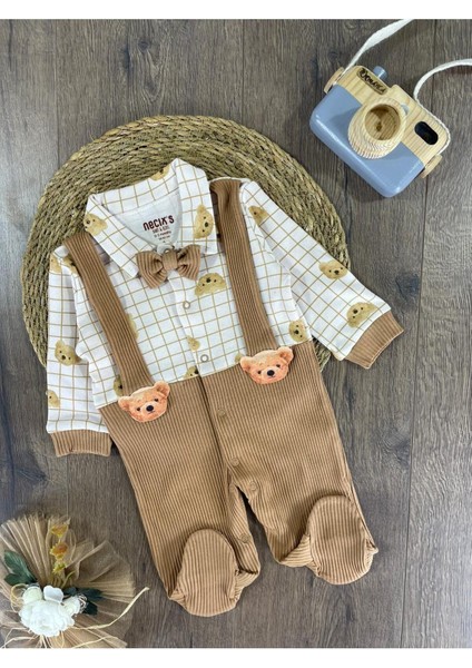 Kaşkorse Esnek Papyonlu Ayıcık Figürlü Patikli Çıtçıtlı Erkek Bebek Tulum