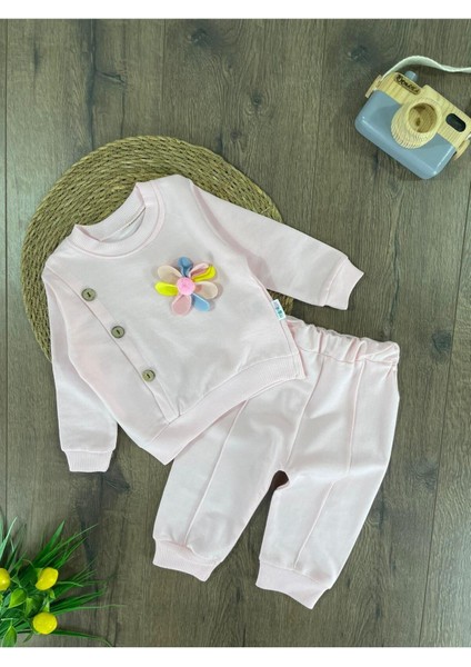 Papatya Figürlü Düğme Detaylı Kız Bebek Takım