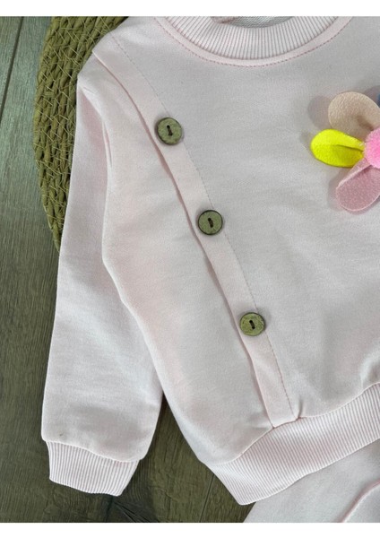 Papatya Figürlü Düğme Detaylı Kız Bebek Takım