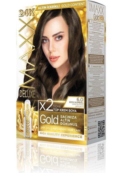 Golden Beauty 24K Altın Içerikli Saç Boyası Seti - Kalıcı 6.0, Koyu Kumral 50MLX2