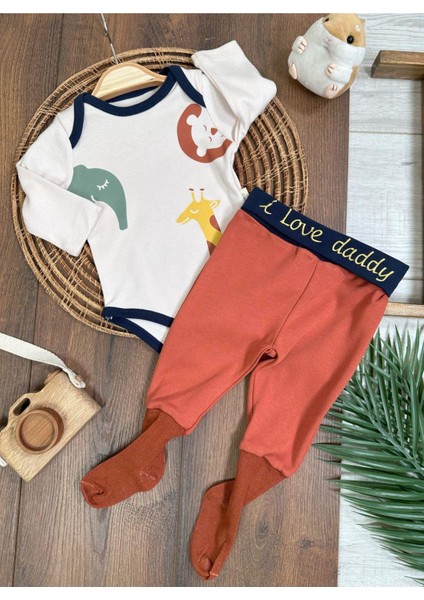 Safari Baskılı Çoraplı Alttan Çıtçıtlı Erkek Bebek Takım-Zıbın Takım