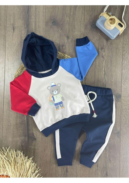 Teddy Ayıcık Baskılı Kapüşonlu Renkli Kol Detaylı Erkek Bebek Takım