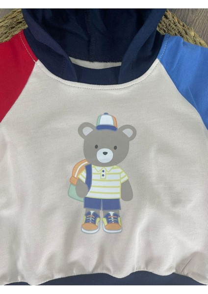 Teddy Ayıcık Baskılı Kapüşonlu Renkli Kol Detaylı Erkek Bebek Takım fiyatları
