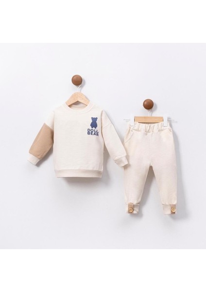 Ayıcık Baskılı Bisiklet Yaka Düğme Detaylı 2'li Bebek Takım